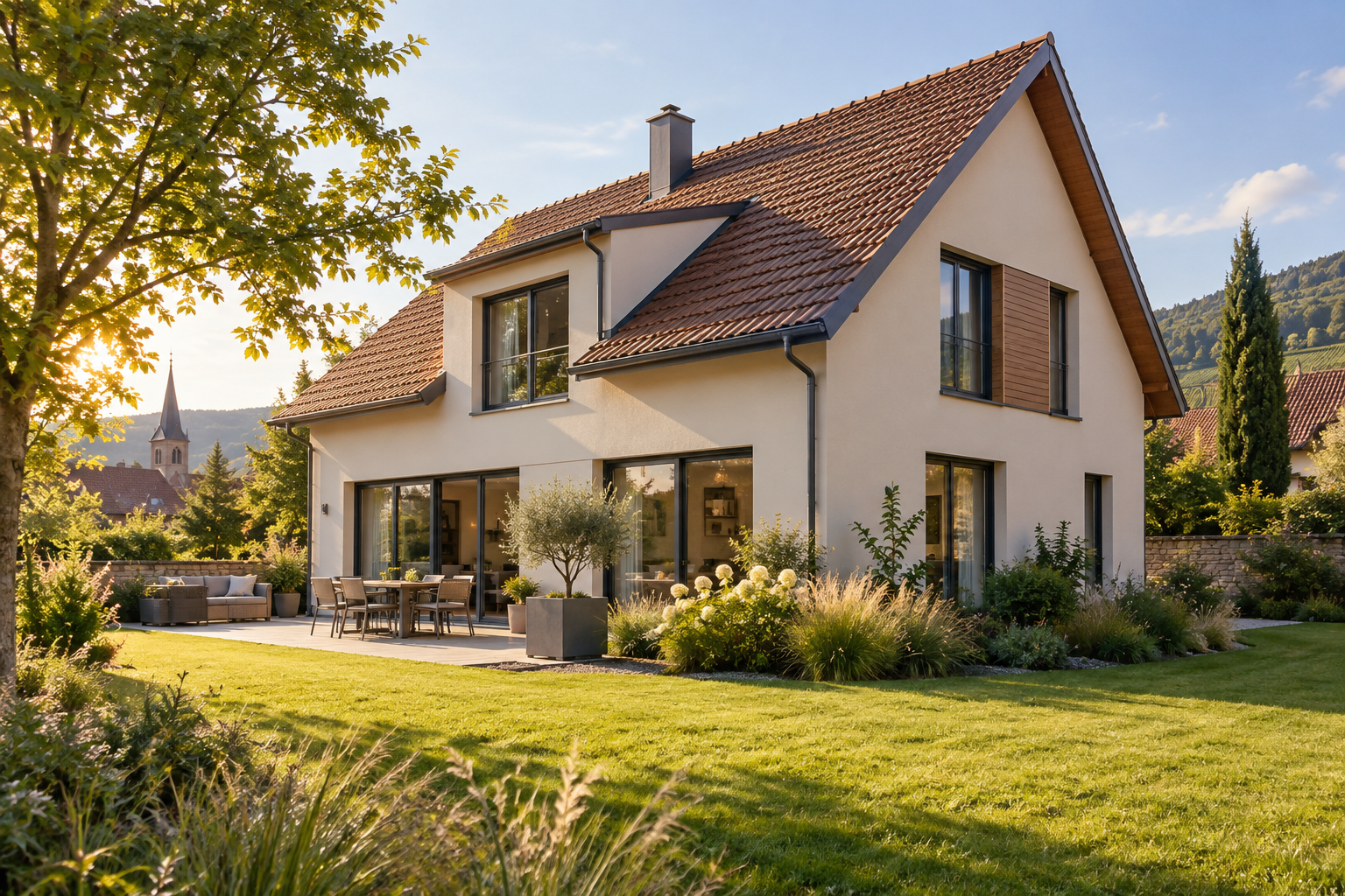 Illustration d’une maison alsacienne lumineuse entourée d’un jardin